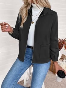SHEIN Women's Casual Black Plain Fabric Regular Length Long Sleeve Zipper Coat With Collar - Black - View 5