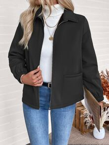 SHEIN Women's Casual Black Plain Fabric Regular Length Long Sleeve Zipper Coat With Collar - Black - View 7