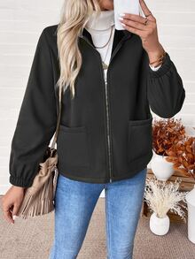SHEIN Women's Casual Black Plain Fabric Regular Length Long Sleeve Zipper Coat With Collar - Black - View 4