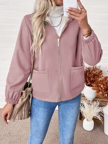 SHEIN 女式纯色常规肩部保暖拉链羊毛夹克 - 藕粉色 - 查看 6