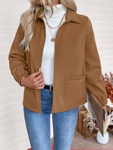 SHEIN Winter Clothes Women's Casual Everyday Commute Simple Solid Color Zip-Up Thermal Lined Warm Jacket, Autumn/Winter - Coffee Brown - View 5
