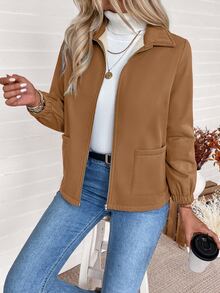 SHEIN Winter Clothes Women's Casual Everyday Commute Simple Solid Color Zip-Up Thermal Lined Warm Jacket, Autumn/Winter - Coffee Brown - View 3