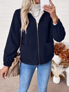 SHEIN 女式保暖内衬拉链长袖夹克，秋冬 - 藏蓝色 - 查看 3