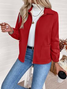 SHEIN 女式保暖内衬拉链领夹克，秋冬 - 紅色 - 查看 3