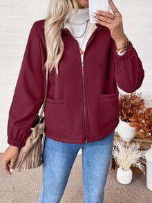 SHEIN 简约宽松纯色拉链羊毛夹克 - 酒紅色 - 查看 6