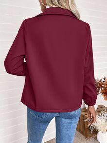 SHEIN 简约宽松纯色拉链羊毛夹克 - 酒紅色 - 查看 2