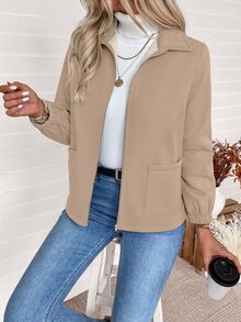 SHEIN 纯色拉链羊毛夹克，秋冬休闲款 - 卡其色 - 查看 4