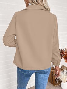 SHEIN 纯色拉链羊毛夹克，秋冬休闲款 - 卡其色 - 查看 2