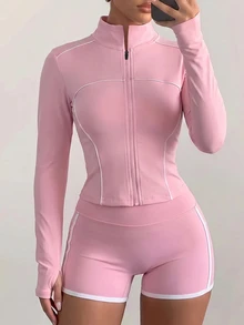 Dewbera Dewbera Pink And White Polo Collar Front Zipper Stripe Long Sleeve Shorts Fitness 2 Pieces Set Gym Autumn Modest Athleisure - Pink - View 6