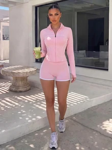 Dewbera Dewbera Pink And White Polo Collar Front Zipper Stripe Long Sleeve Shorts Fitness 2 Pieces Set Gym Autumn Modest Athleisure - Pink - View 3