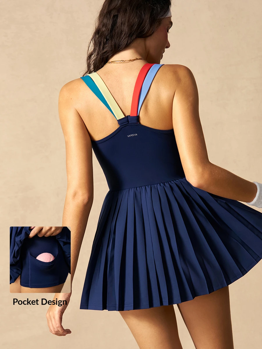 VARSIVA Women's Colorblock Pleated Hem Sports Activewear Dress With Shorts - Multicolor - View 1