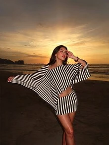 Bonvoyette Swim Chiccia 夏季女款 2 件組 Y2K 性感大尺寸露肩長袖上衣與貼身低腰迷你裙，新款跨境優雅波希米亞復古條紋蝙蝠袖短版上衣與短款泳裝罩裙，女款泳裝套裝，夏季海灘罩衫，適合海灘度假、日常約會、春夏派對罩衫套裝 - 彩色 - 查看 6
