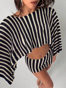 Bonvoyette Swim Chiccia 夏季女款 2 件組 Y2K 性感大尺寸露肩長袖上衣與貼身低腰迷你裙，新款跨境優雅波希米亞復古條紋蝙蝠袖短版上衣與短款泳裝罩裙，女款泳裝套裝，夏季海灘罩衫，適合海灘度假、日常約會、春夏派對罩衫套裝 - 彩色 - 查看 4