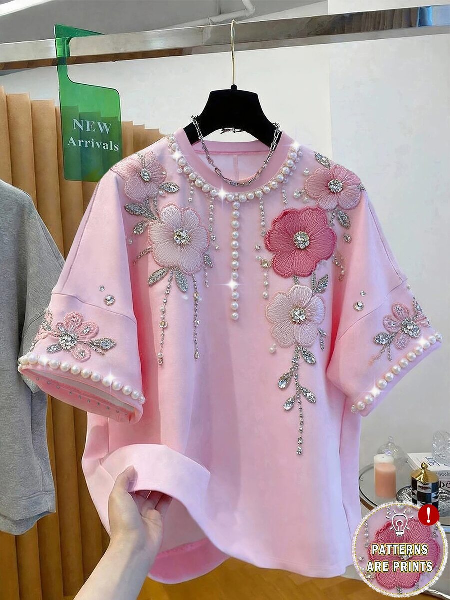 GlowEve 女士优雅花卉刺绣仿珍珠和水钻装饰蝙蝠袖宽松T恤 - 粉色 - 查看 1