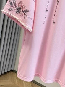 GlowEve 女士优雅花卉刺绣仿珍珠和水钻装饰蝙蝠袖宽松T恤 - 粉色 - 查看 8