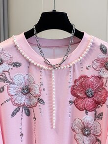 GlowEve 女士优雅花卉刺绣仿珍珠和水钻装饰蝙蝠袖宽松T恤 - 粉色 - 查看 6