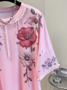 GlowEve 女士优雅花卉刺绣仿珍珠和水钻装饰蝙蝠袖宽松T恤 - 粉色 - 查看 5
