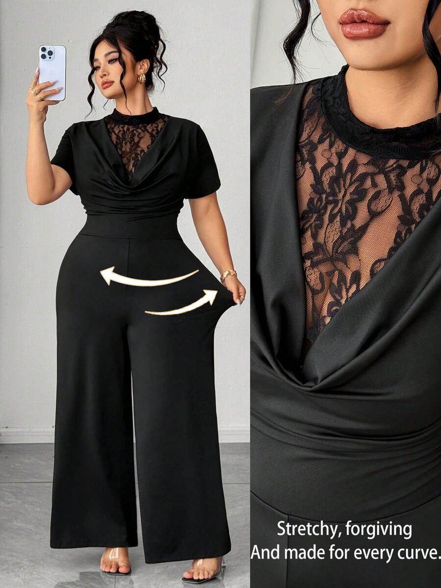Elenzga Plus Size Women's Spring/Summer Lace Patchwork Cowl Neck Cinched Waist Short Sleeve Black Wide Leg Long Jumpsuit, Suitable For Commuting, Outings And Dates - Black - View 1