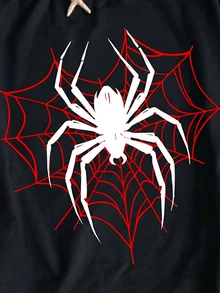 SHEIN Sparklyn Teen Girls Personalized Heart Spider Web With Black Spider Pattern, Vintage Black & Dark Red, Fitted Long Sleeve Versatile One-Shoulder Minimalist Streetwear Top T-Shirt, Multi-Functional Minimalist Long Sleeve T-Shirt, Comfortable, Halloween, Fashion, Y2K, Autumn/Winter Outfit - Black - View 4