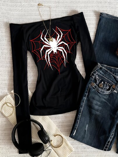 SHEIN Sparklyn Teen Girl Spider Pattern Casual Daily Wear T-Shirt