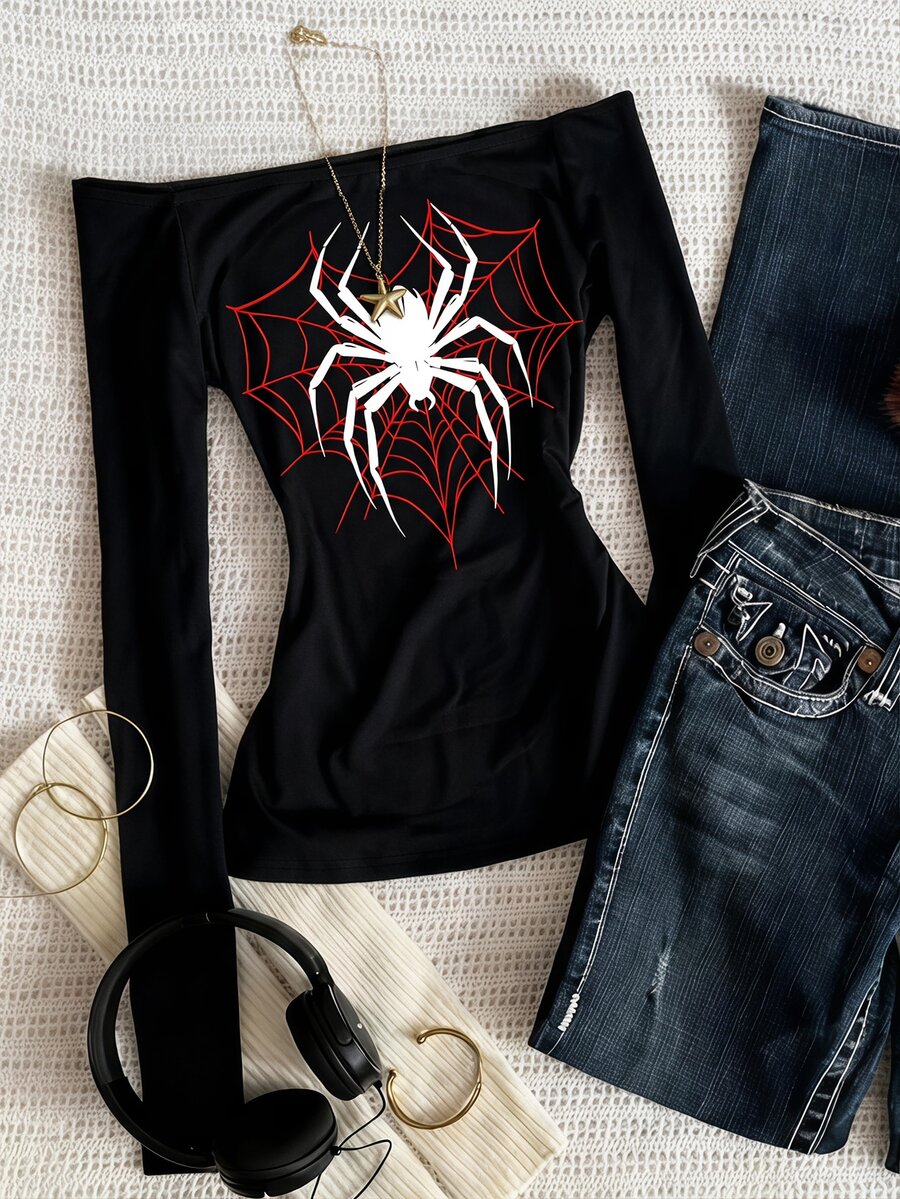 SHEIN Sparklyn Teen Girls Personalized Heart Spider Web With Black Spider Pattern, Vintage Black & Dark Red, Fitted Long Sleeve Versatile One-Shoulder Minimalist Streetwear Top T-Shirt, Multi-Functional Minimalist Long Sleeve T-Shirt, Comfortable, Halloween, Fashion, Y2K, Autumn/Winter Outfit - Black - View 1