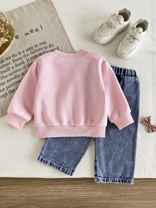 SHEIN 2件組幼女運動衫+長褲套裝，可愛甜美粉藍亮片蝴蝶結側邊蝴蝶結長袖圓領，生日秋季芭蕾嬰兒藍舒適公主風 - 粉色 - 查看 2