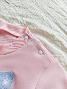 SHEIN 2件組幼女運動衫+長褲套裝，可愛甜美粉藍亮片蝴蝶結側邊蝴蝶結長袖圓領，生日秋季芭蕾嬰兒藍舒適公主風 - 粉色 - 查看 4