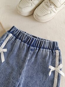 SHEIN 2件組幼女運動衫+長褲套裝，可愛甜美粉藍亮片蝴蝶結側邊蝴蝶結長袖圓領，生日秋季芭蕾嬰兒藍舒適公主風 - 粉色 - 查看 7