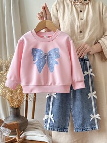 SHEIN 2件組幼女運動衫+長褲套裝，可愛甜美粉藍亮片蝴蝶結側邊蝴蝶結長袖圓領，生日秋季芭蕾嬰兒藍舒適公主風 - 粉色 - 查看 3