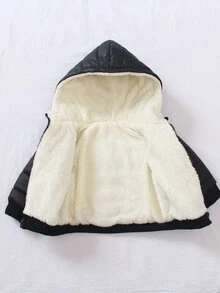 SHEIN Infant Toddler Hooded Thick Shiny Down Padded Coat 0-3 Years Old Baby Winter Jacket, Unisex Baby Winter Thickened Coat With Lamb Fleece Lining - Black - View 4