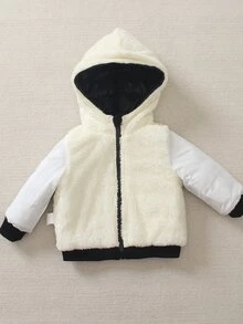 SHEIN Infant Toddler Hooded Thick Shiny Down Padded Coat 0-3 Years Old Baby Winter Jacket, Unisex Baby Winter Thickened Coat With Lamb Fleece Lining - Black - View 6