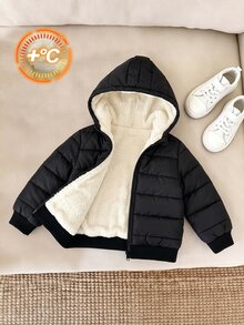 SHEIN Infant Toddler Hooded Thick Shiny Down Padded Coat 0-3 Years Old Baby Winter Jacket, Unisex Baby Winter Thickened Coat With Lamb Fleece Lining - Black - View 8
