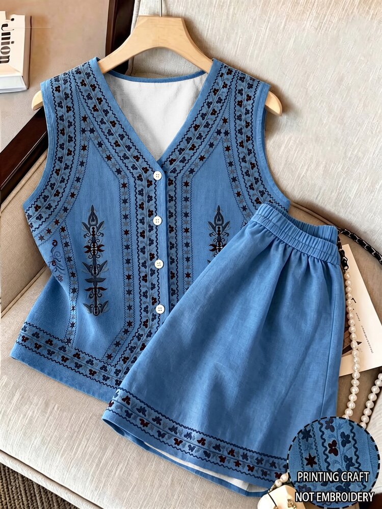 GlowEve 女款度假休閒熱帶波希米亞風日常穿搭夏季套裝，無袖V領背心開襟鈕扣上衣＋高腰短褲兩件套，藍色 - 藍色 - 查看 3