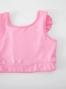SHEIN 女童運動短褲套裝，荷葉邊露背設計，多層交叉鏤空繫帶後背，高腰短褲，修身短版上衣，嬰兒粉夏季款 - 粉色 - 查看 4
