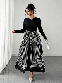 Elenzga Gaun Kasual Elegan Lengan Panjang Berkerah Bulat Motif Garis Hitam Putih untuk Berpergian ke Kantor dan Pesta Musim Gugur Awal Musim Gugur 2026 - Hitam dan Putih - View 3