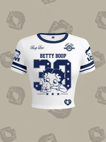 Betty Boop x SHEIN Kaos Wanita Lengan Pendek Bergaris Motif Kartun Jalanan - Putih - View 1
