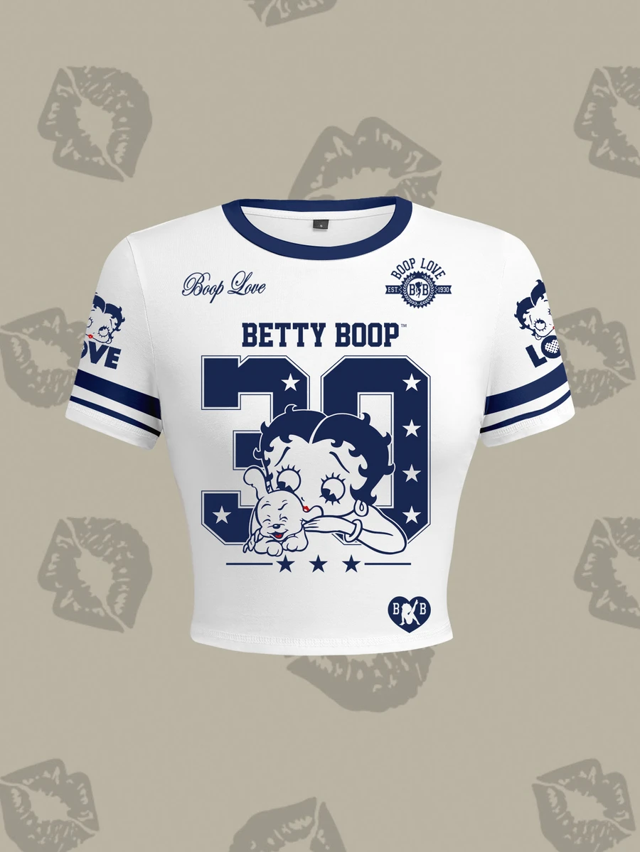Betty Boop x SHEIN Kaos Wanita Lengan Pendek Bergaris Motif Kartun Jalanan - Putih - View 1