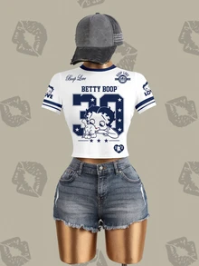Betty Boop x SHEIN Kaos Wanita Lengan Pendek Bergaris Motif Kartun Jalanan - Putih - View 7