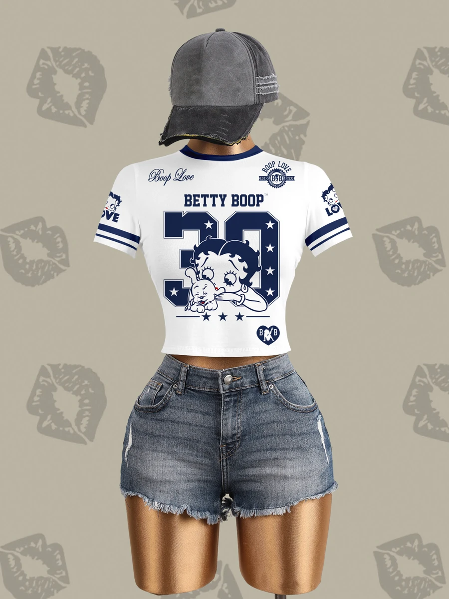 Betty Boop x SHEIN Women's Street Cartoon Print Striped Short Sleeve Fitted T-Shirt - White - View 1