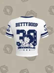 Betty Boop x SHEIN Kaos Wanita Lengan Pendek Bergaris Motif Kartun Jalanan - Putih - View 2