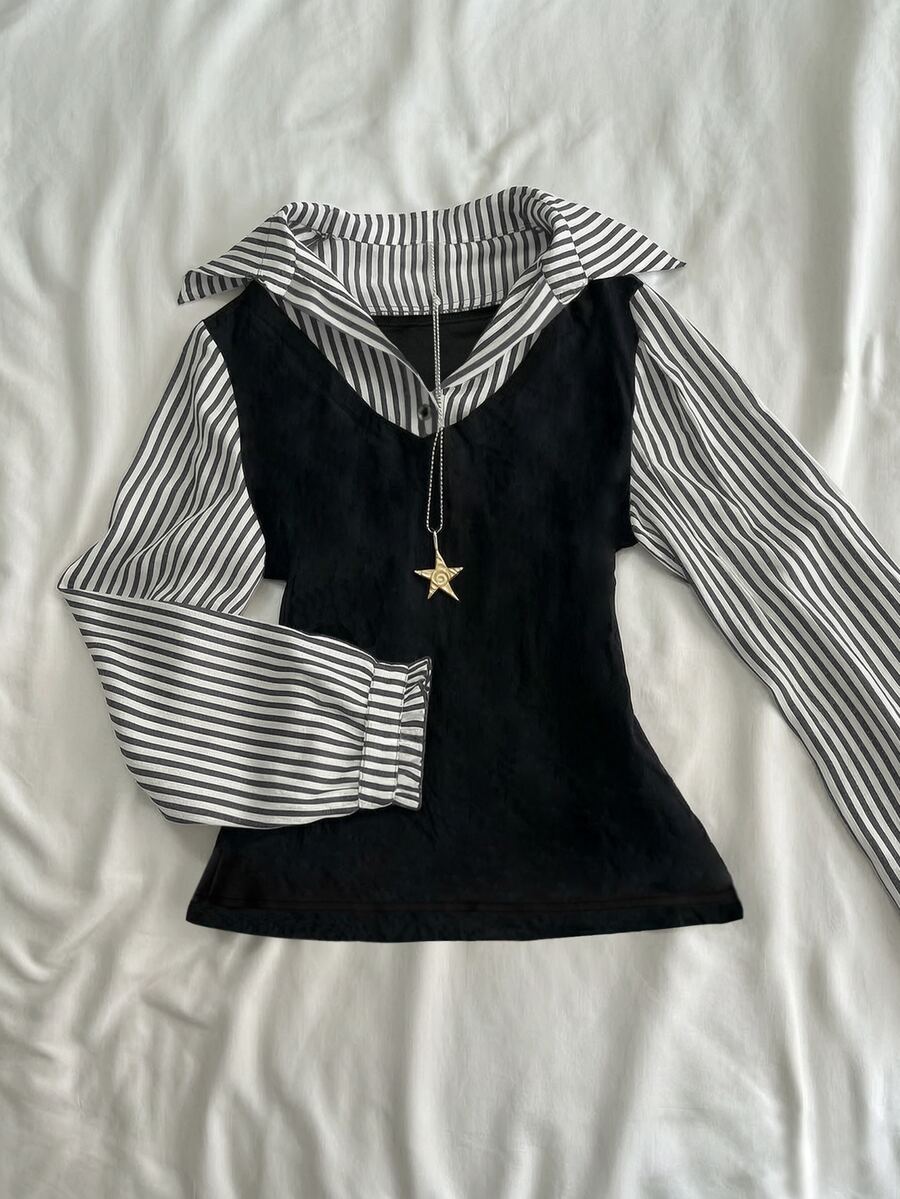 IslaSuriya Women's Striped 2 In 1 Patchwork Casual Versatile Daily Wear Top - Multicolor - View 1