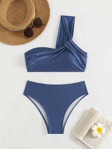 SHEIN Swim Women's Summer Beach Solid Color Twist Knot One Shoulder Sexy Bikini Set Separates Bikini Set - Dusty Blue - View 4