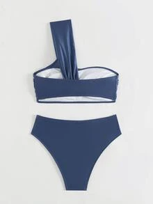 SHEIN Swim Women's Summer Beach Solid Color Twist Knot One Shoulder Sexy Bikini Set Separates Bikini Set - Dusty Blue - View 2