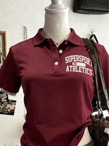Lalippa 女款字母印花休閒街頭風簡約時尚上衣復古寬鬆 Polo 衫 春夏校園度假風 酒紅色 - 彩色 - 查看 4