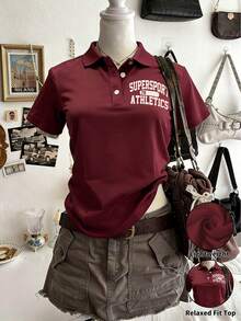 Lalippa 女款字母印花休閒街頭風簡約時尚上衣復古寬鬆 Polo 衫 春夏校園度假風 酒紅色 - 彩色 - 查看 1
