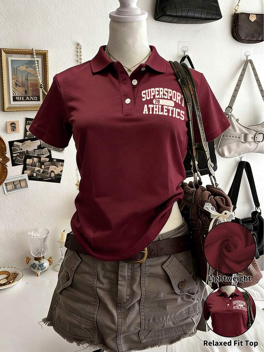 Lalippa 女款字母印花休閒街頭風簡約時尚上衣復古寬鬆 Polo 衫 春夏校園度假風 酒紅色 - 彩色 - 查看 1