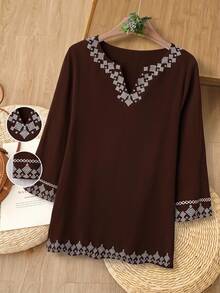 Rusticease Women's Casual Loose 3/4 Sleeve Minimalist Blouse - Brown - View 1
