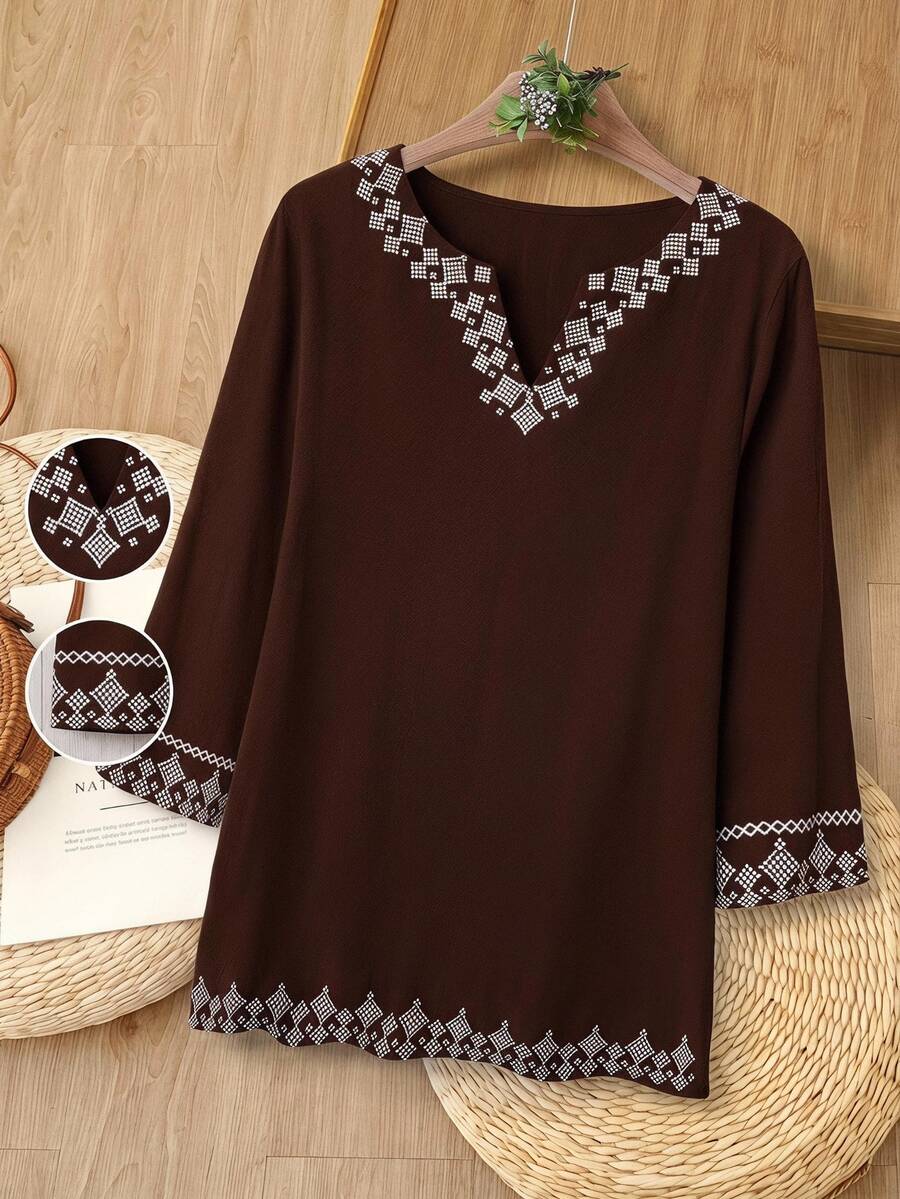 Rusticease Women's Casual Loose 3/4 Sleeve Minimalist Blouse - Brown - View 1