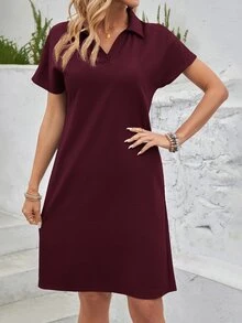 Faunlyn Blue Casual Batwing Sleeve Dress Summer - Burgundy - View 5