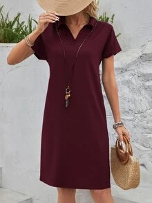 Faunlyn Blue Casual Batwing Sleeve Dress Summer - Burgundy - View 4